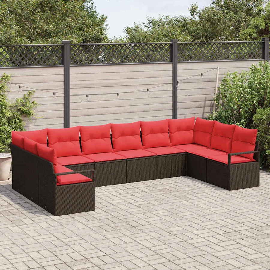 Ensemble de canapé de jardin 10 pcs Marron et rouge polyrotin - 3