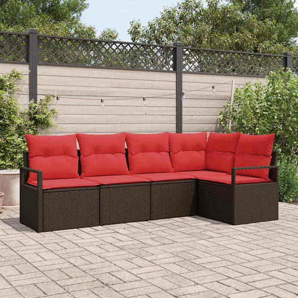Ensemble de canapé de jardin 5 pcs Marron et rouge polyrotin