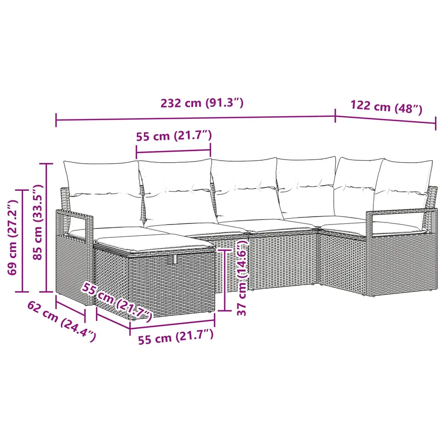 Ensemble de canapé de jardin 6 pcs Marron polyrotin - 14