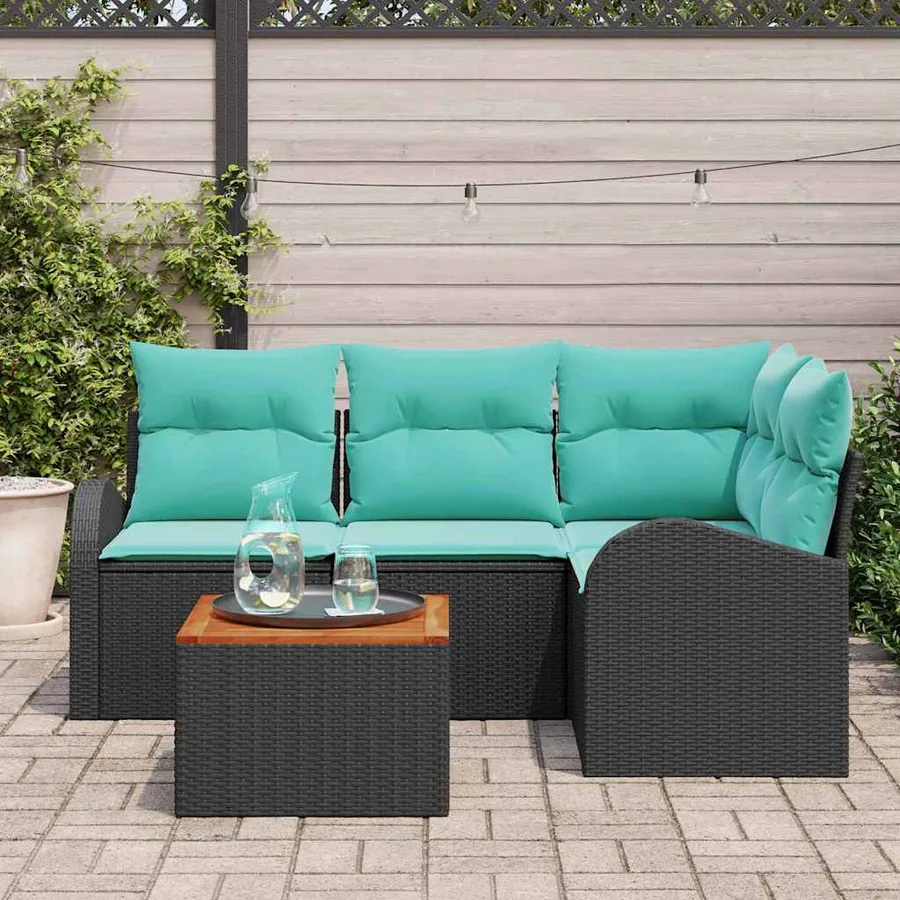 Ensemble de canapé de jardin 5 pcs Noir et turquoise polyrotin - 3