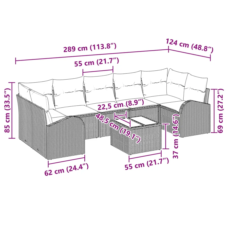 Ensemble de canapé de jardin 8 pcs Noir et turquoise polyrotin - 17