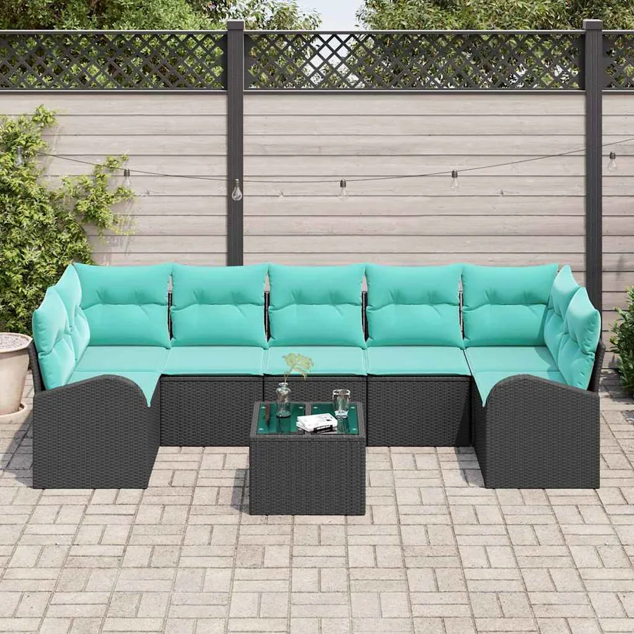 Ensemble de canapé de jardin 8 pcs Noir et turquoise polyrotin - 3