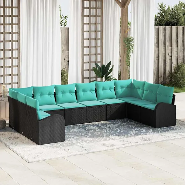 Ensemble de canapé de jardin 10 pcs Noir et turquoise polyrotin