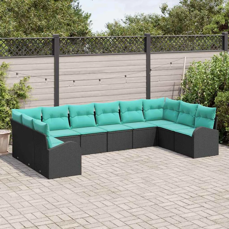 Ensemble de canapé de jardin 10 pcs Noir et turquoise polyrotin - 3