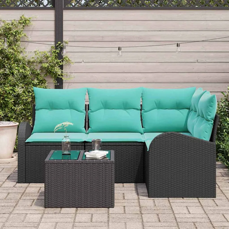 Ensemble de canapé de jardin 5 pcs Noir et turquoise polyrotin - 3