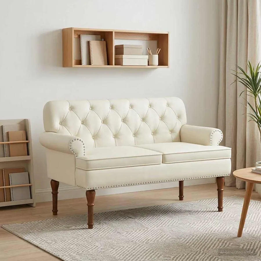 Canapé love seat avec capitonnage en boutons Crème Simili cuir