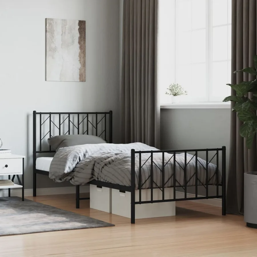 Cadre de lit métal sans matelas avec pied de lit noir 90x200 cm