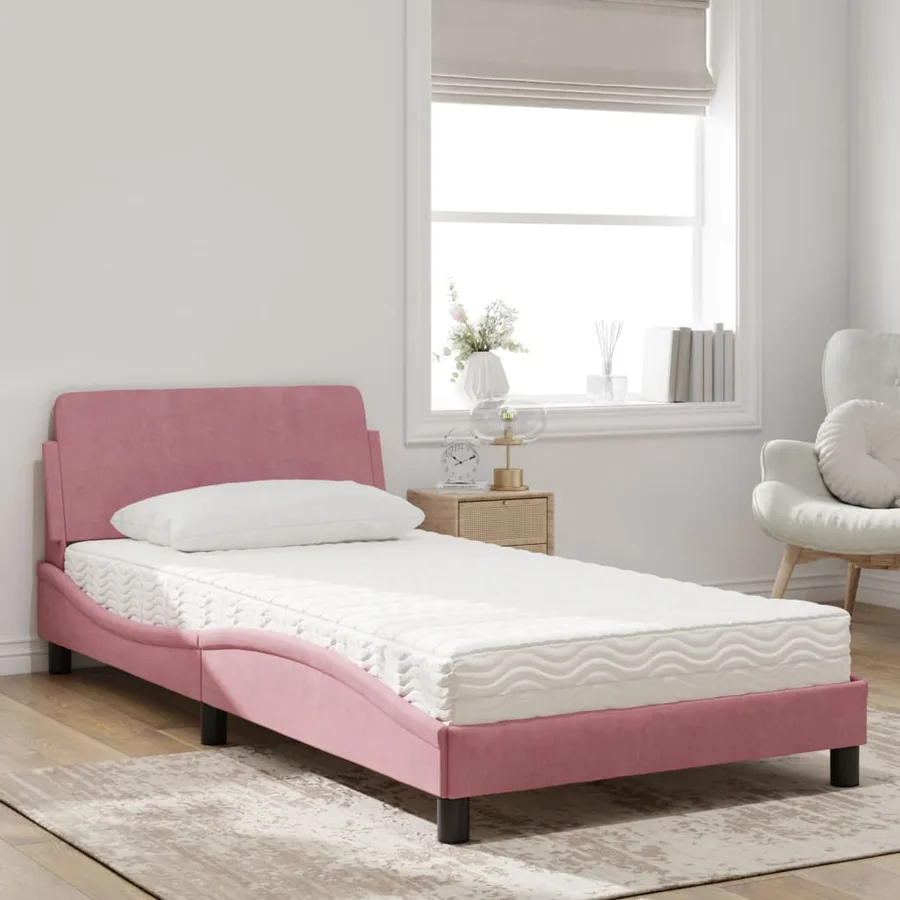 Lit avec matelas Dover rose 100x200 cm velours - 3
