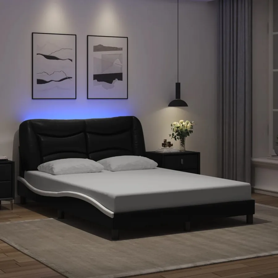 Cadre de lit avec LED sans matelas Hvar noir et blanc 140x200 cm