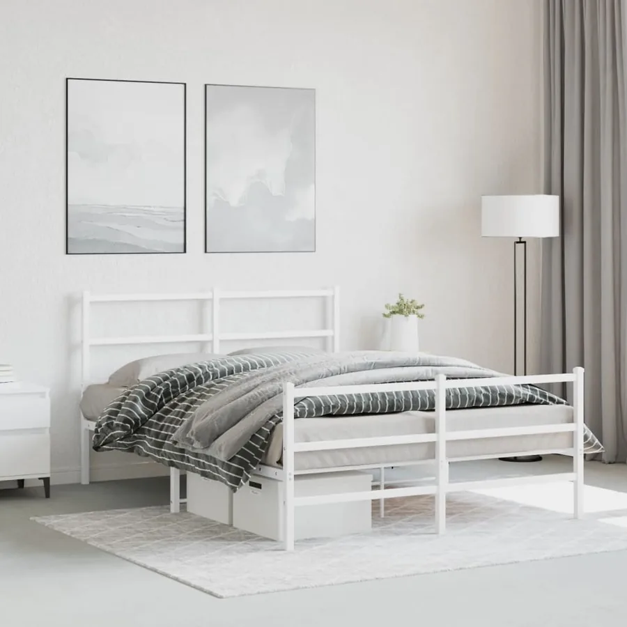 Cadre de lit métal sans matelas et pied de lit blanc 140x190 cm