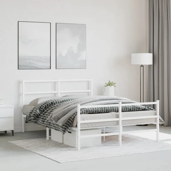 Cadre de lit métal sans matelas et pied de lit blanc 140x190 cm