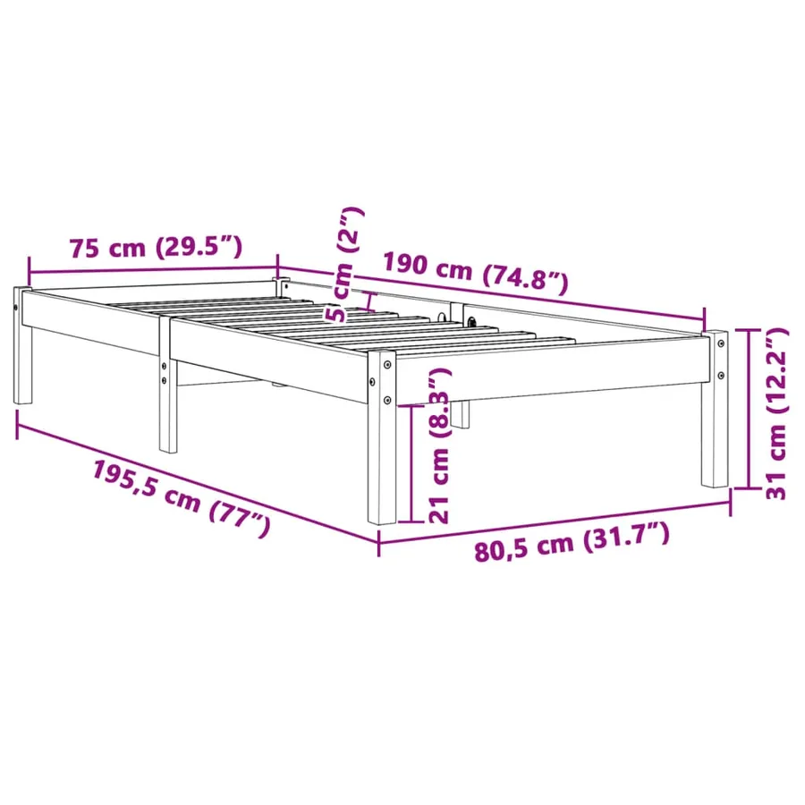 Cadre de lit sans matelas cire marron 75x190 cm bois pin massif - 8