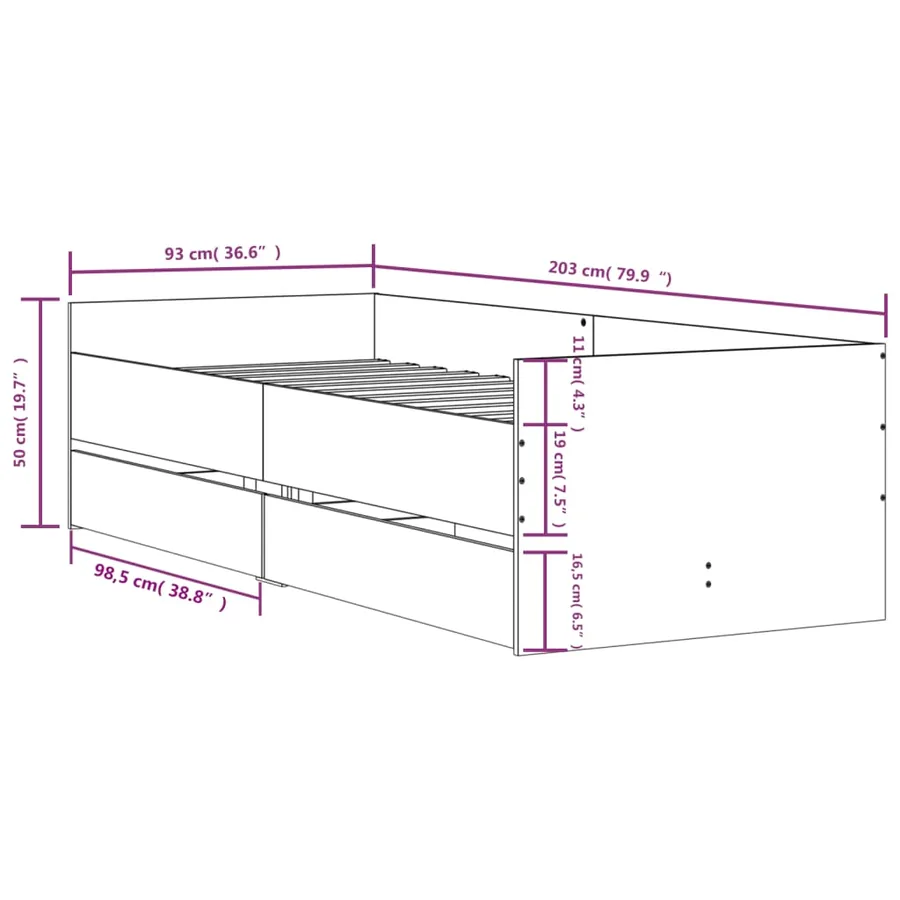 Cadre de lit avec tiroirs sans matelas sonoma gris 90x200 cm - 11