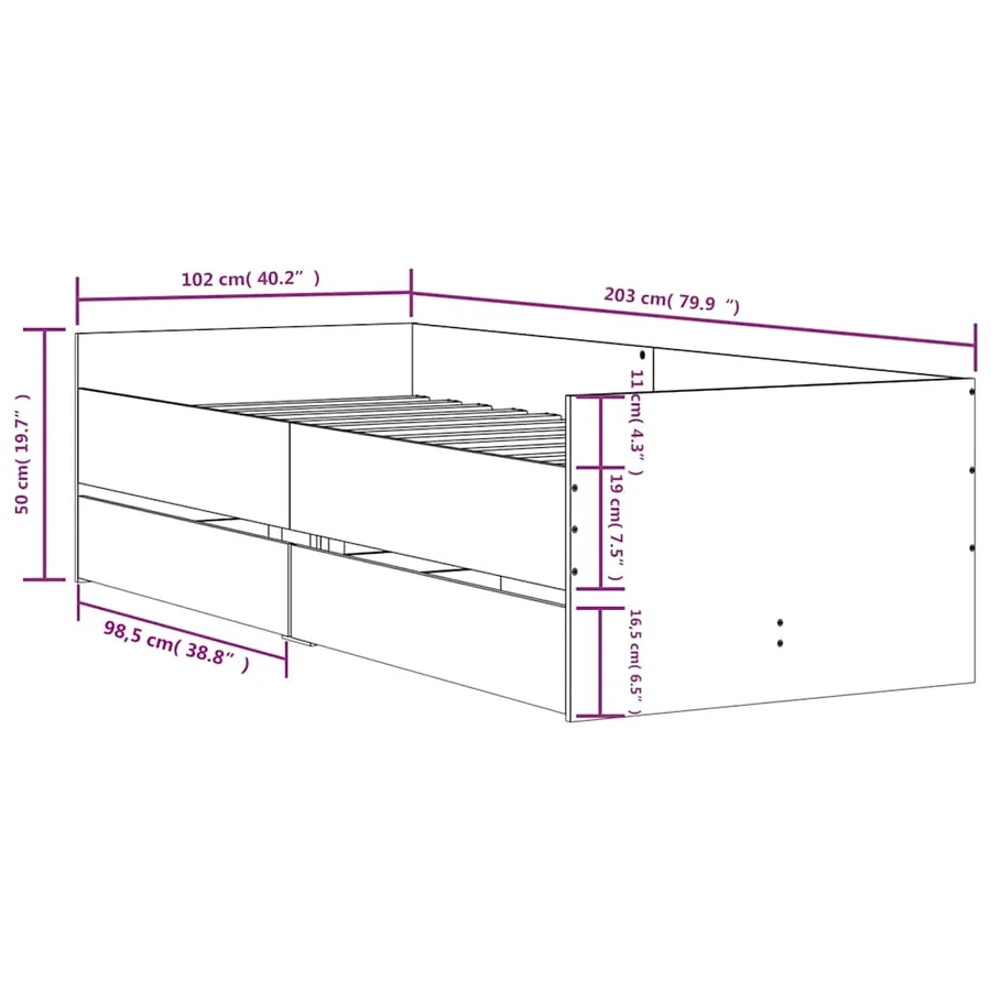 Cadre de lit avec tiroirs sans matelas sonoma gris 100x200 cm - 11