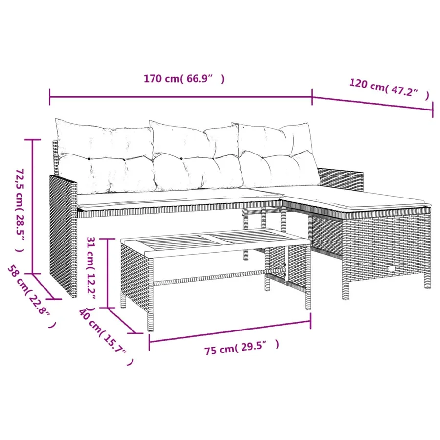 Canapé de jardin avec table et coussins en forme de L gris - 10