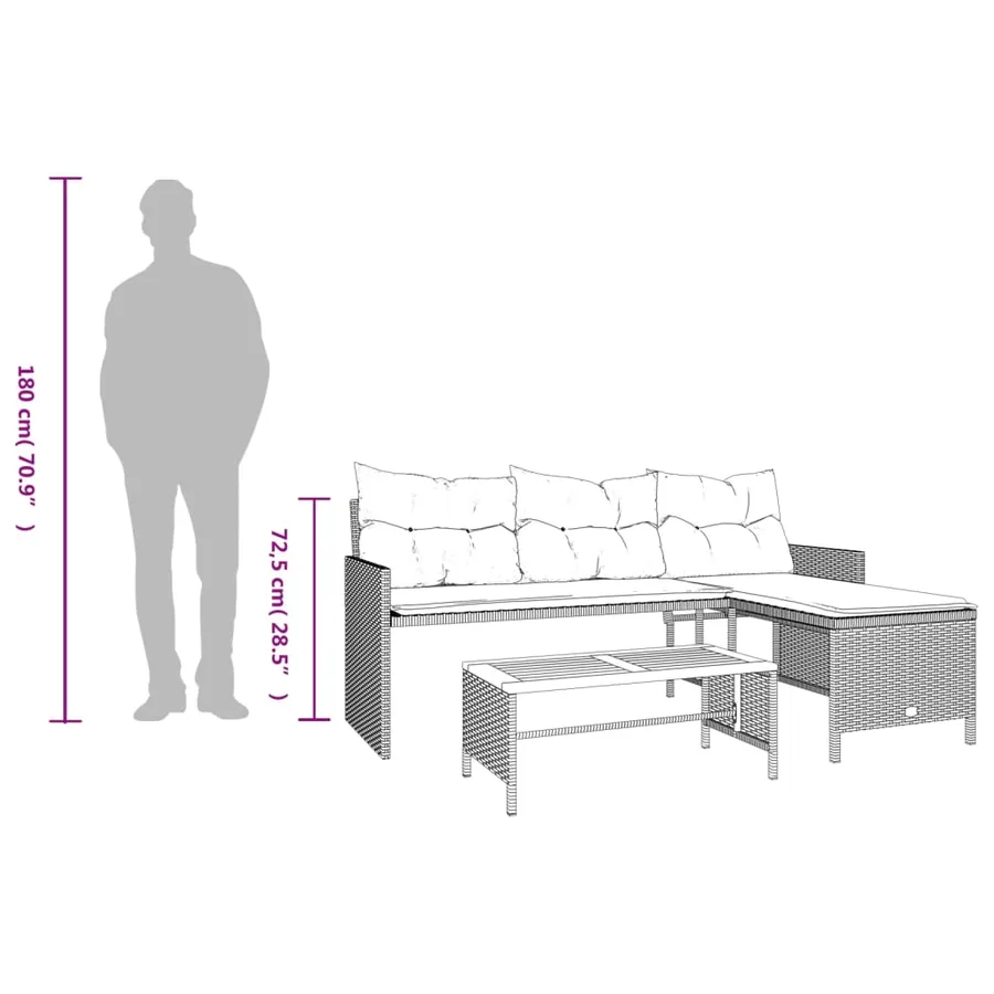 Canapé de jardin avec table et coussins en forme de L gris - 11