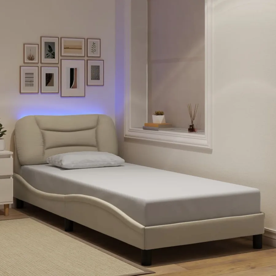 Cadre de lit avec LED sans matelas Hvar crème 90x200 cm tissu