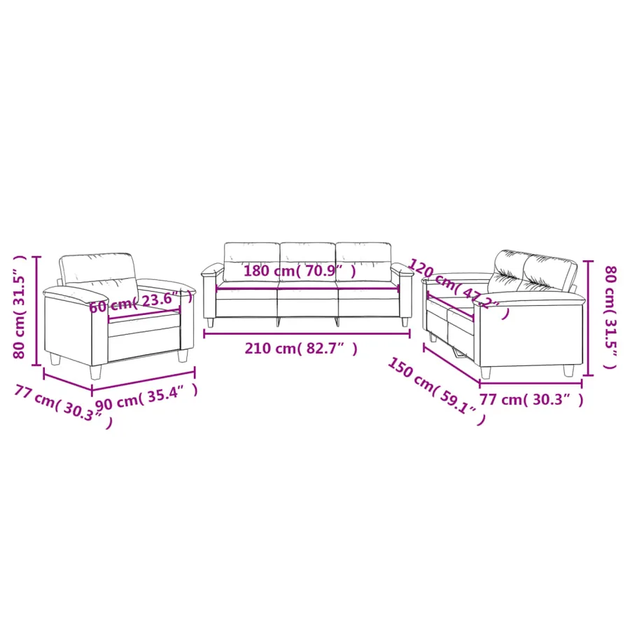 Ensemble de canapés 3 pcs avec coussins noir tissu microfibre - 8