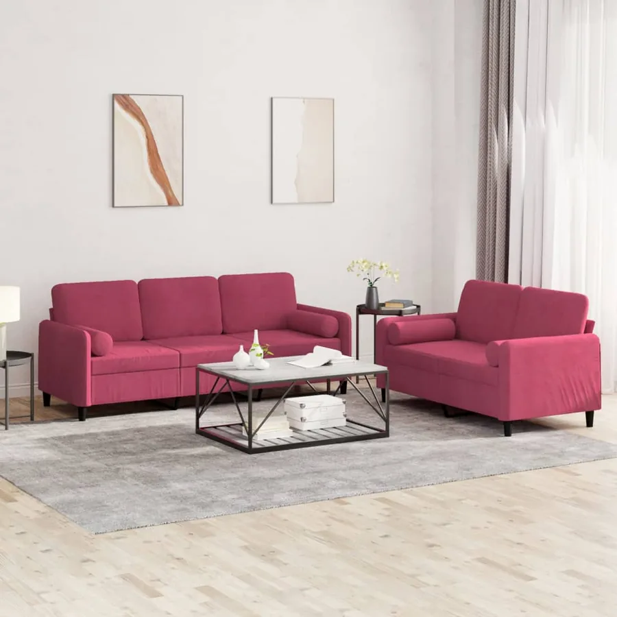 Ensemble de canapés 2 pcs avec coussins rouge bordeaux velours