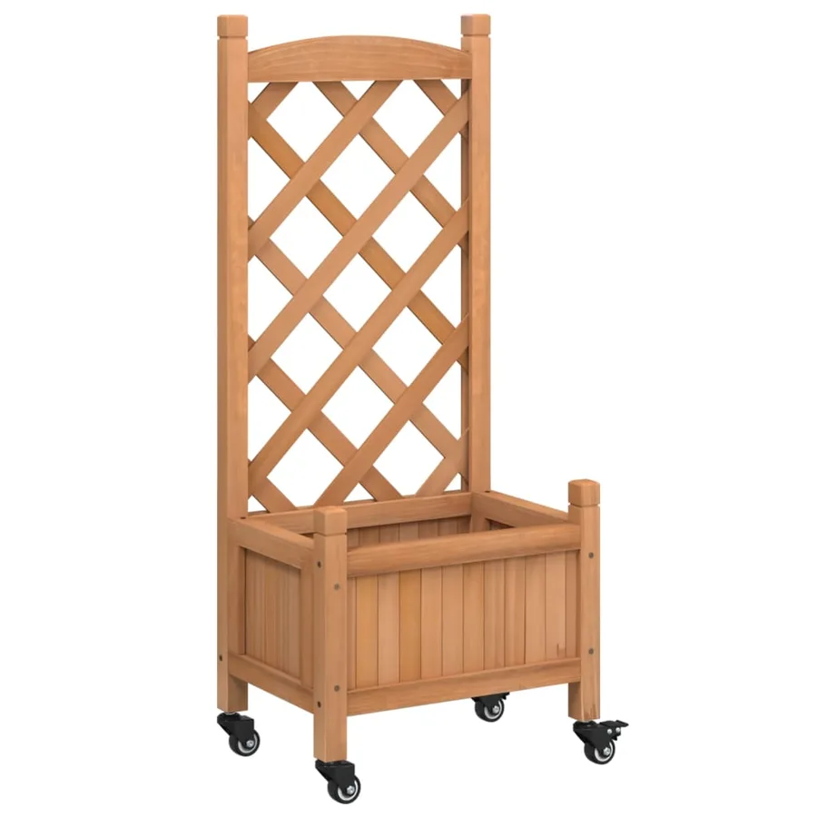 Jardinière avec treillis et roues marron bois massif de sapin - 2