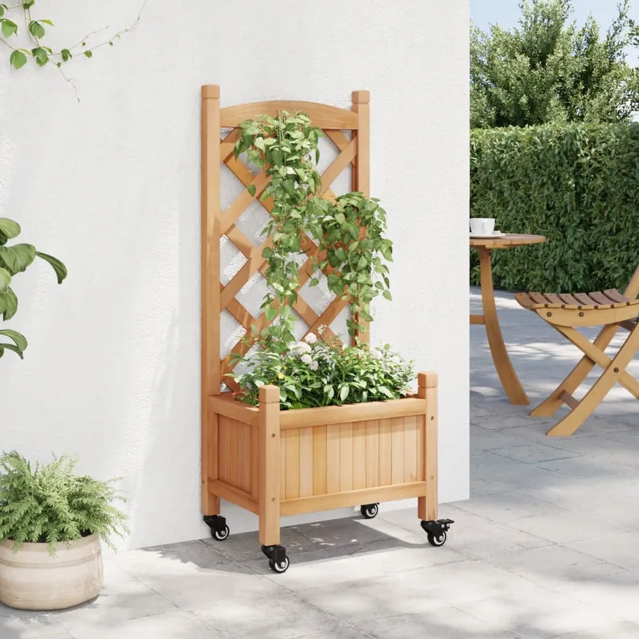 Jardinière avec treillis et roues marron bois massif de sapin - 3