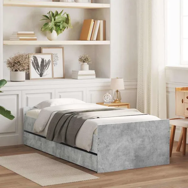 Cadre de lit avec tiroirs sans matelas gris béton 90x190 cm