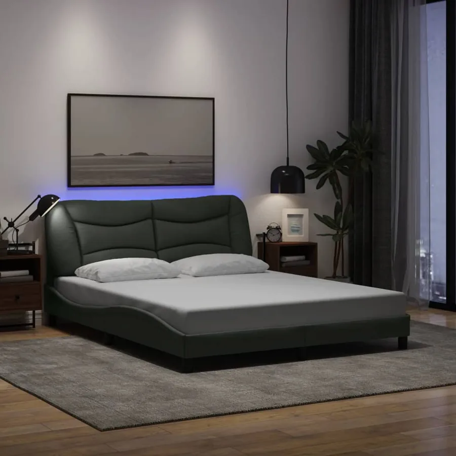 Cadre de lit avec LED sans matelas Hvar gris foncé 160x200 cm tissu