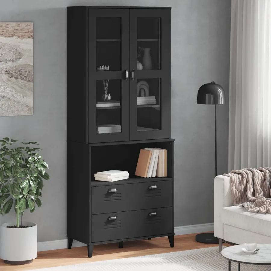 Buffet VIKEN noir 80x40x200 cm bois massif de pin - 3