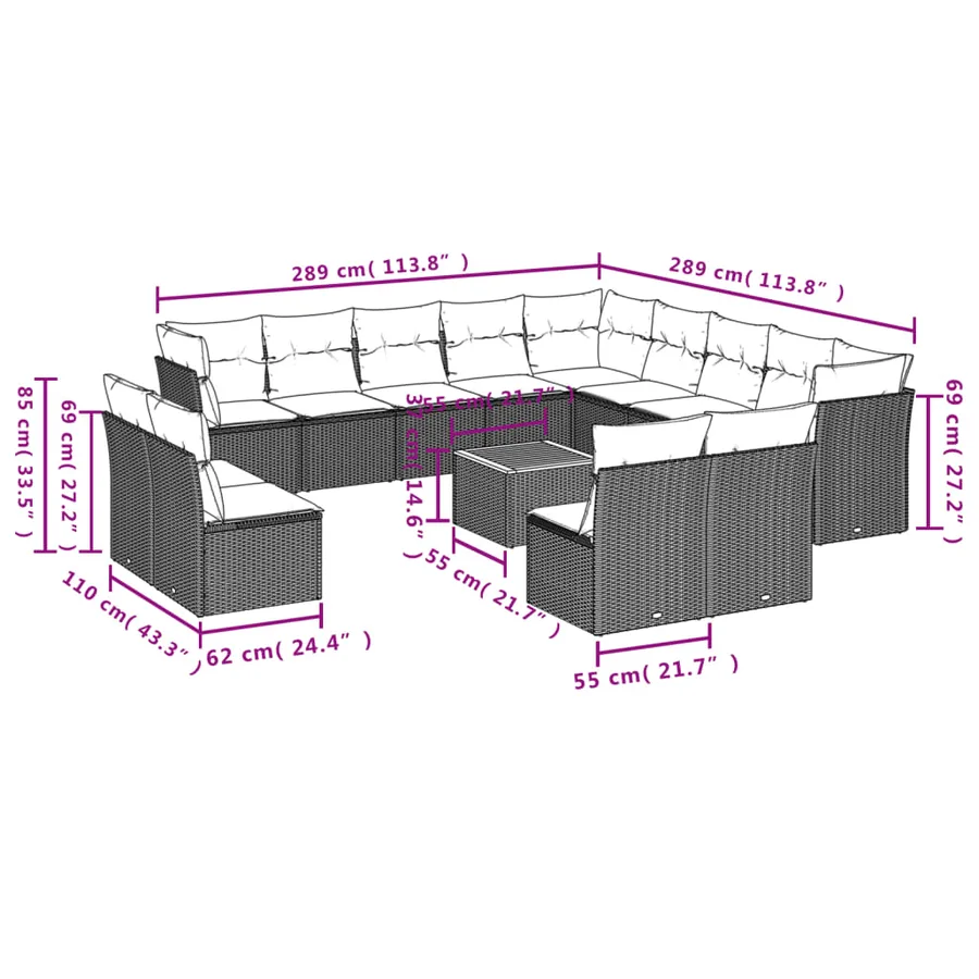 Salon de jardin avec coussins 14 pcs gris résine tressée - 3