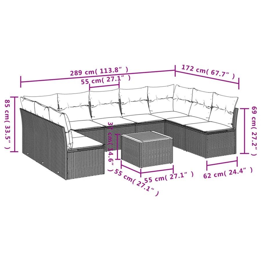Salon de jardin avec coussins 10 pcs gris résine tressée - 3