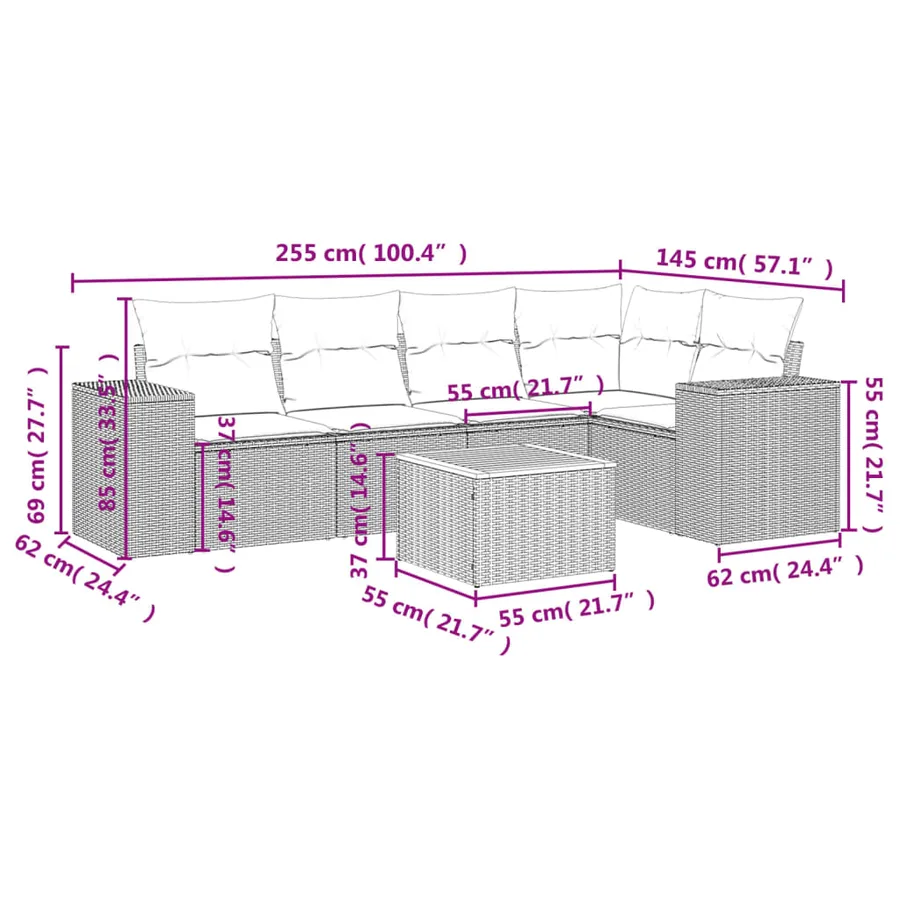 Salon de jardin 6 pcs avec coussins gris résine tressée - 3