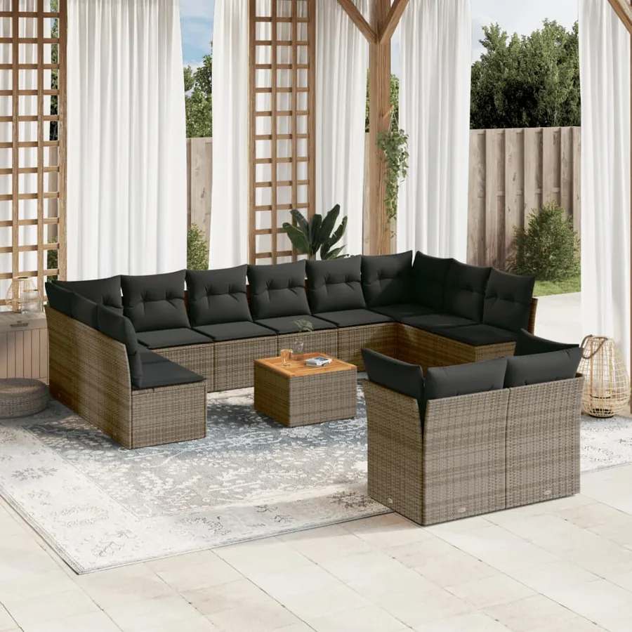 Salon de jardin avec coussins 13 pcs gris résine tressée