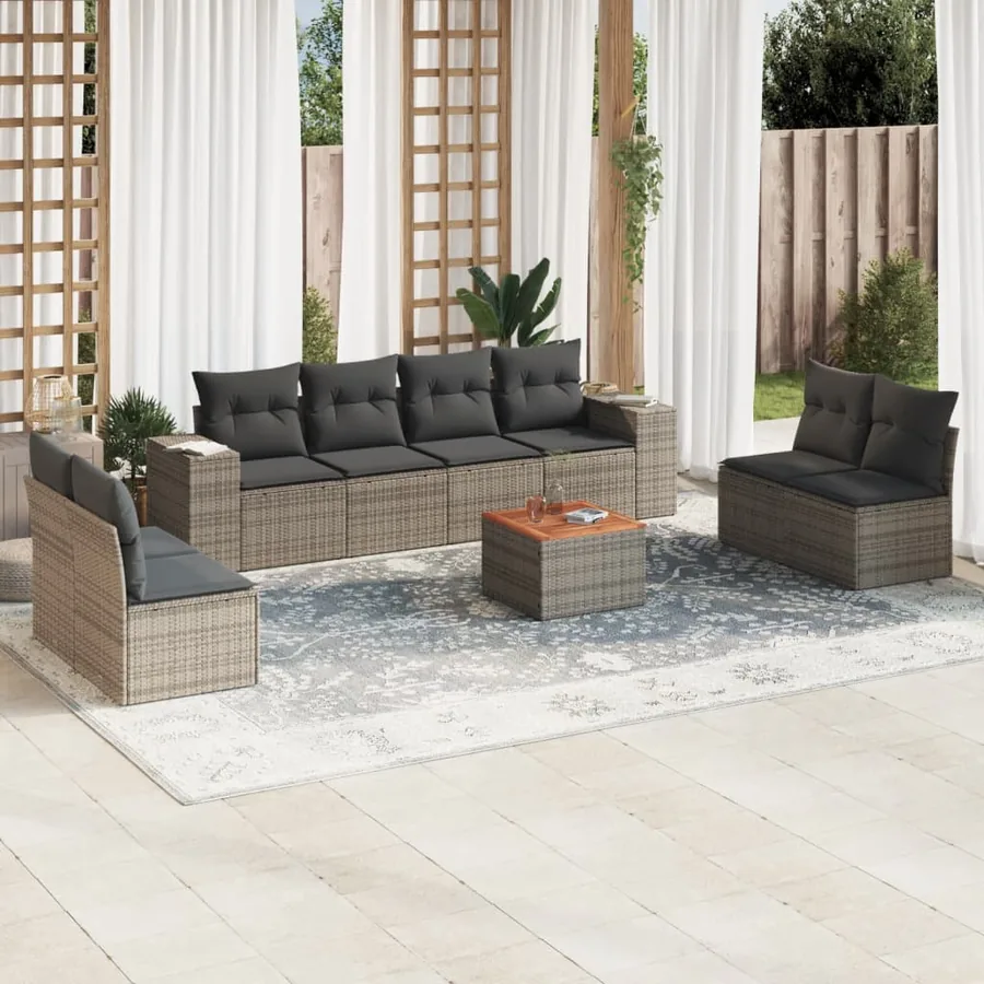 Salon de jardin 9 pcs avec coussins gris résine tressée