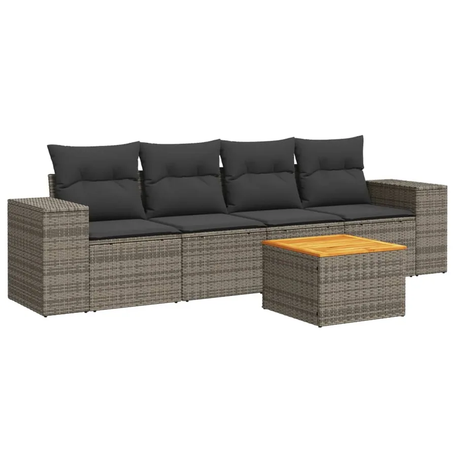 Salon de jardin 5 pcs avec coussins gris résine tressée - 2