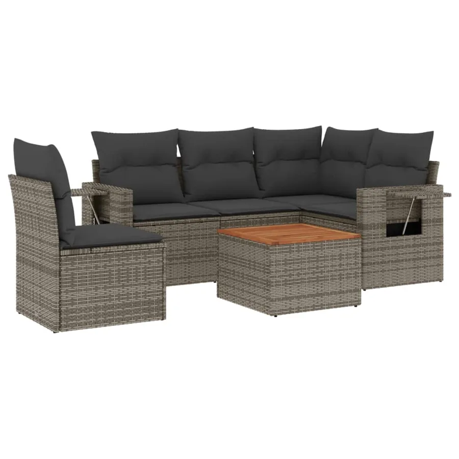 Salon de jardin 6 pcs avec coussins gris résine tressée - 2