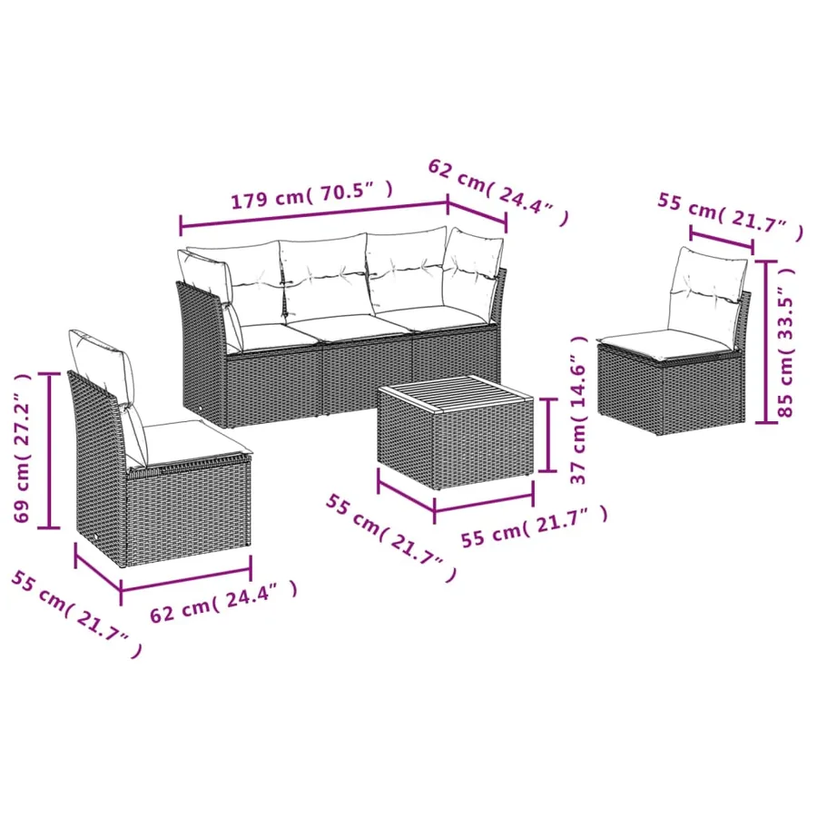 Salon de jardin 6 pcs avec coussins gris résine tressée - 3
