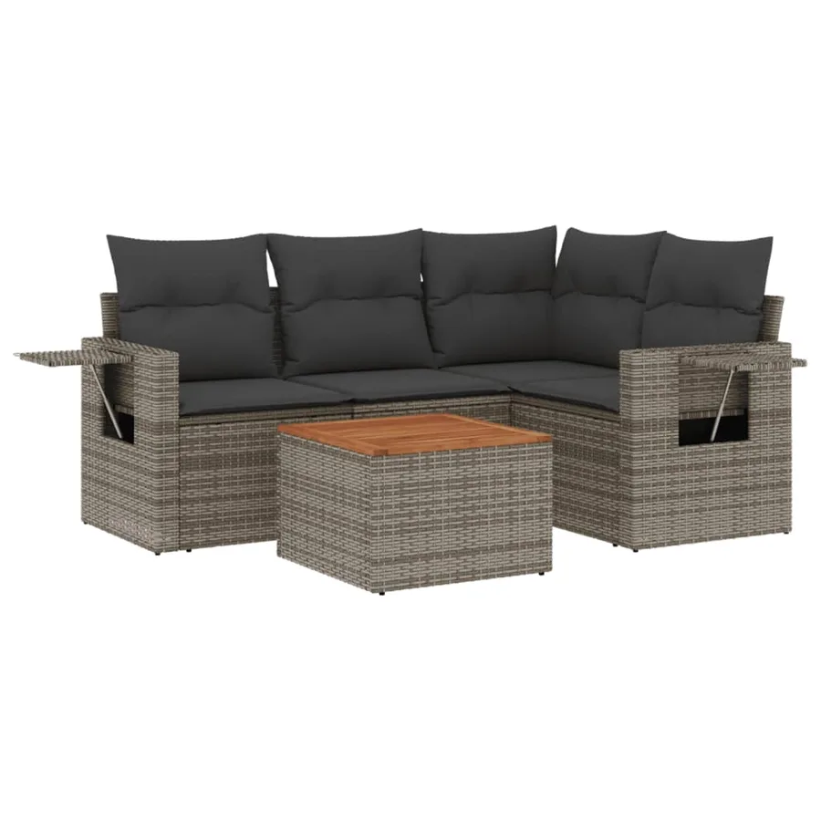 Salon de jardin 5 pcs avec coussins gris résine tressée - 2