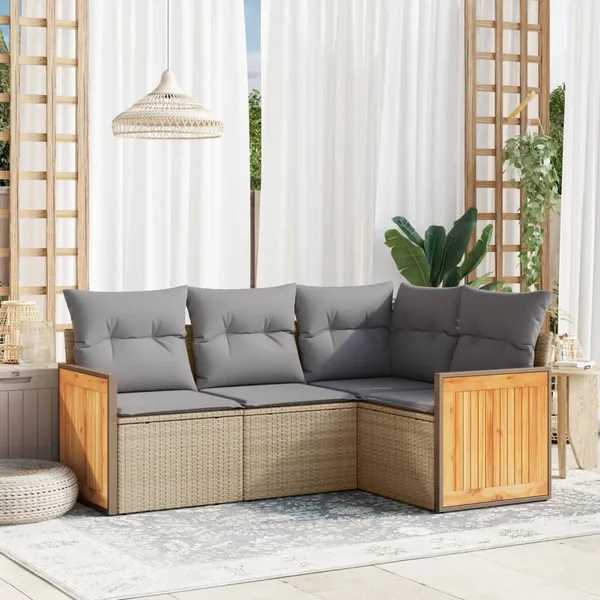 Salon de jardin avec coussins 4 pcs beige résine tressée