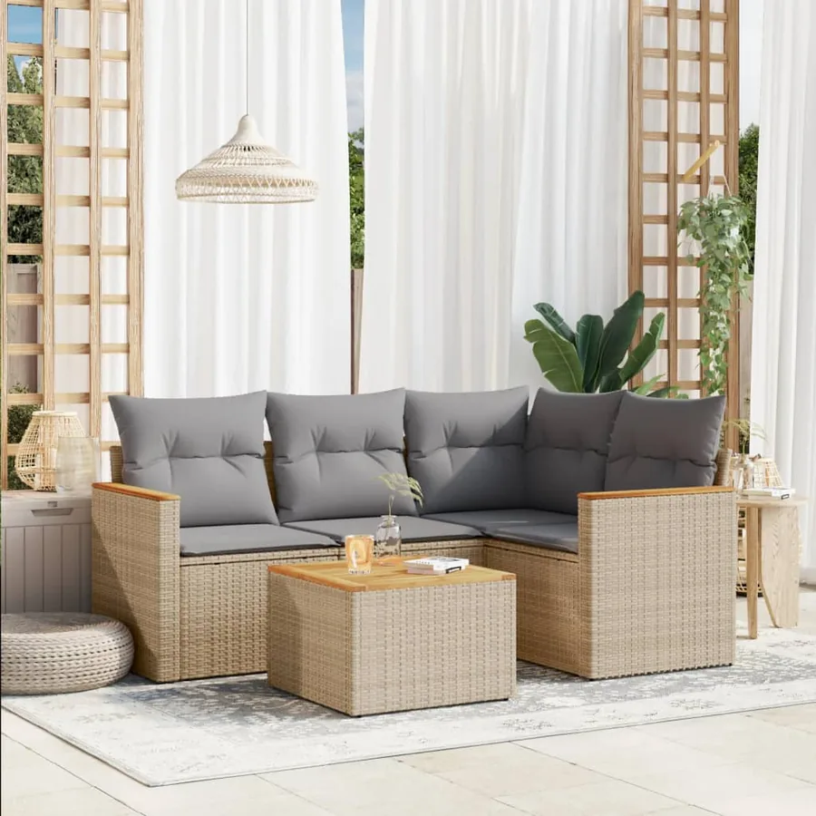 Salon de jardin avec coussins 5 pcs beige résine tressée