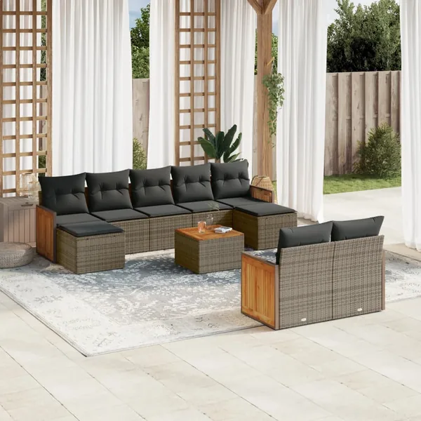 Salon de jardin avec coussins 10 pcs gris résine tressée