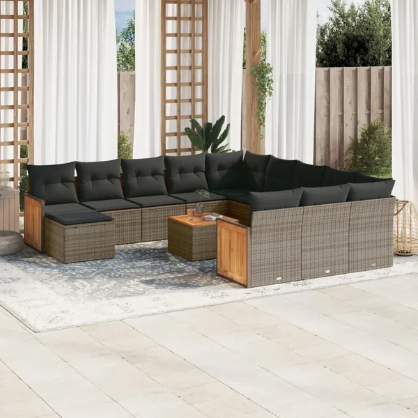 Salon de jardin avec coussins 13 pcs gris résine tressée
