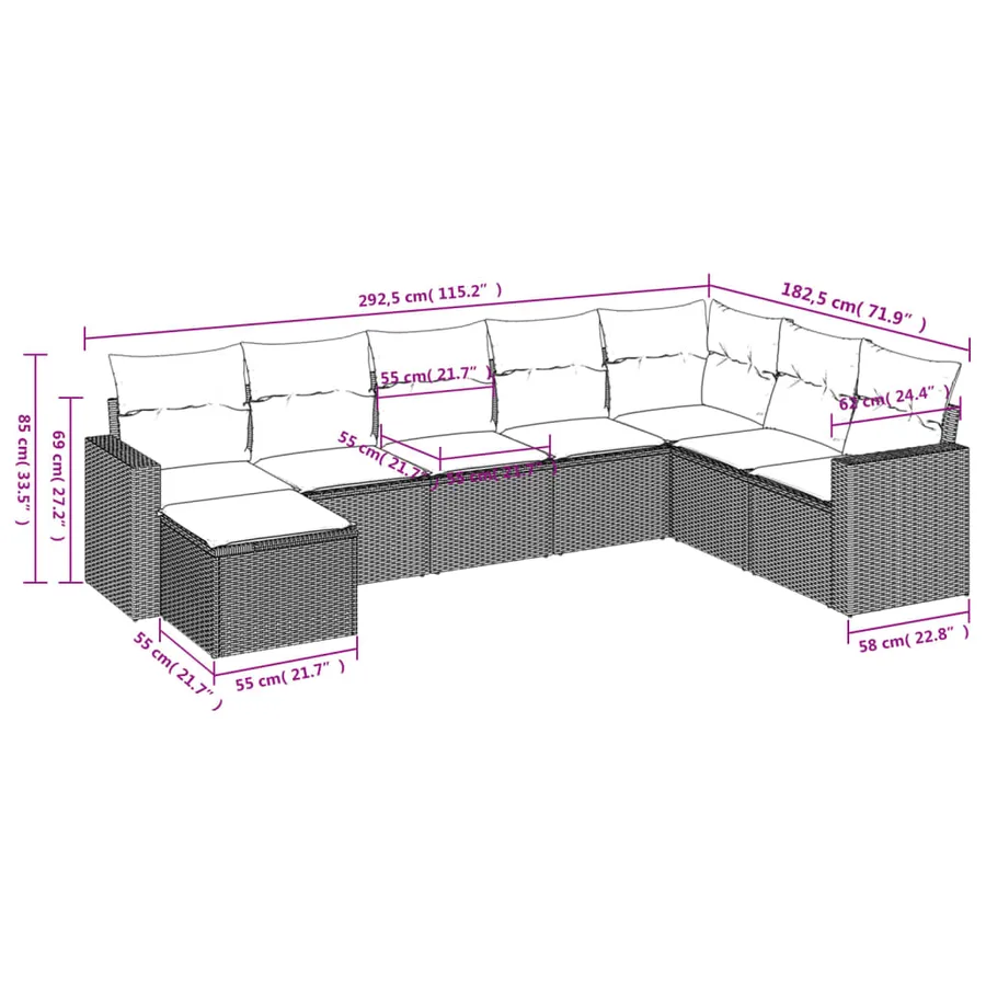 Salon de jardin 8 pcs avec coussins gris résine tressée - 3
