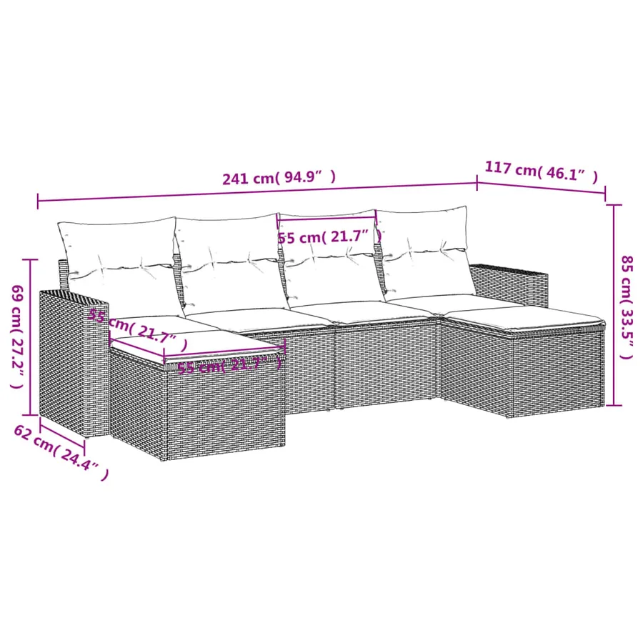 Salon de jardin 6 pcs avec coussins gris résine tressée - 3