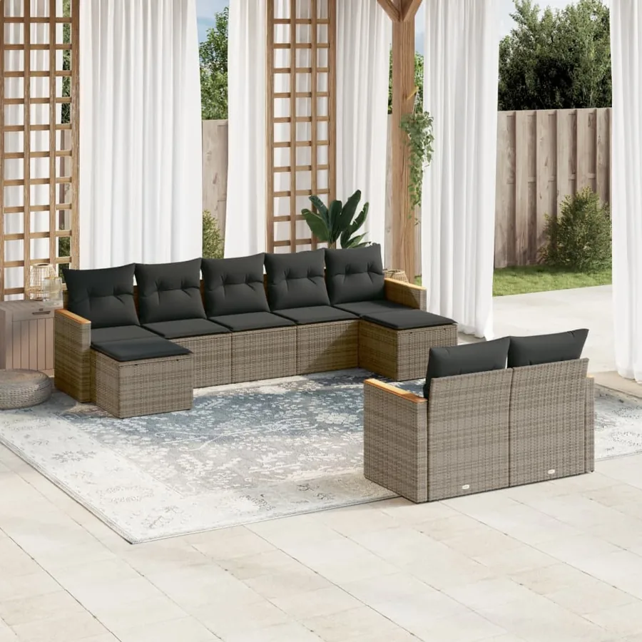 Salon de jardin 9 pcs avec coussins gris résine tressée