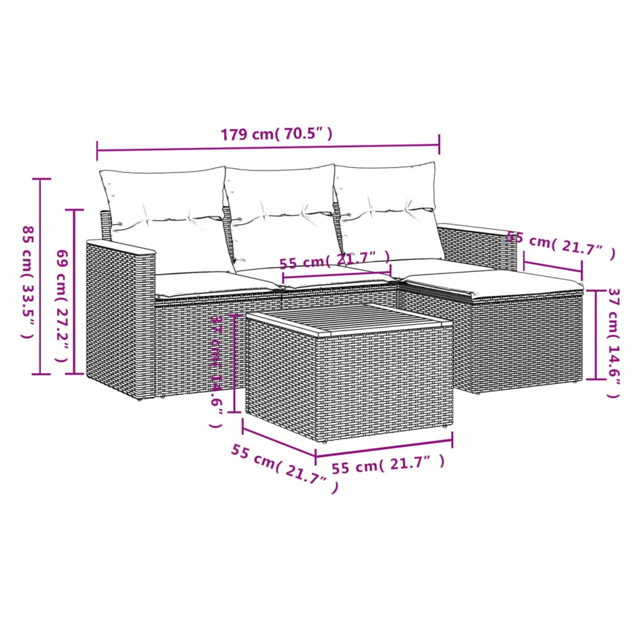 Salon de jardin 5 pcs avec coussins gris résine tressée - 8