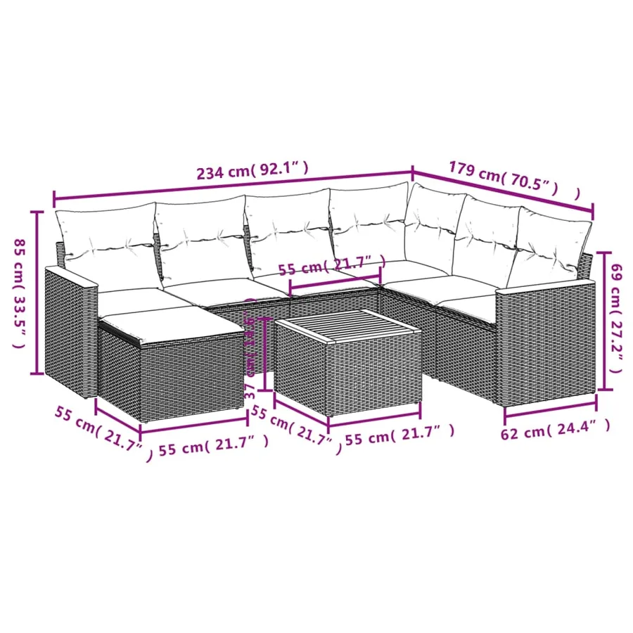 Salon de jardin 8 pcs avec coussins gris résine tressée - 9