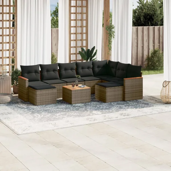 Salon de jardin avec coussins 10 pcs gris résine tressée