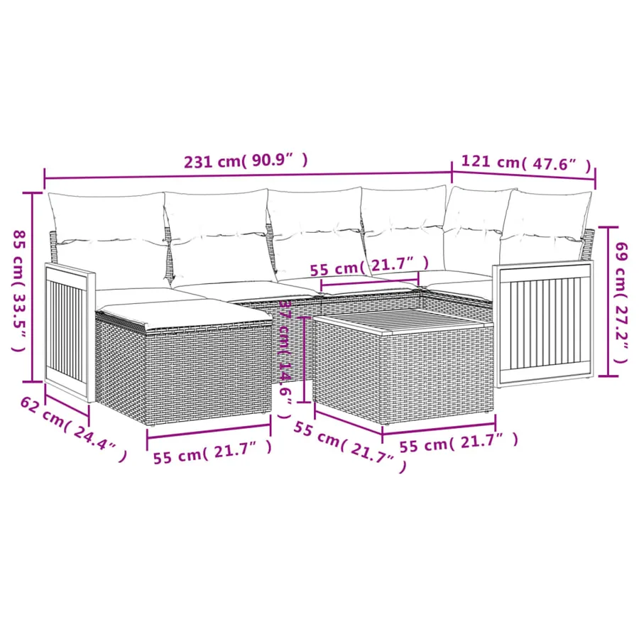 Salon de jardin avec coussins 7 pcs gris résine tressée - 9