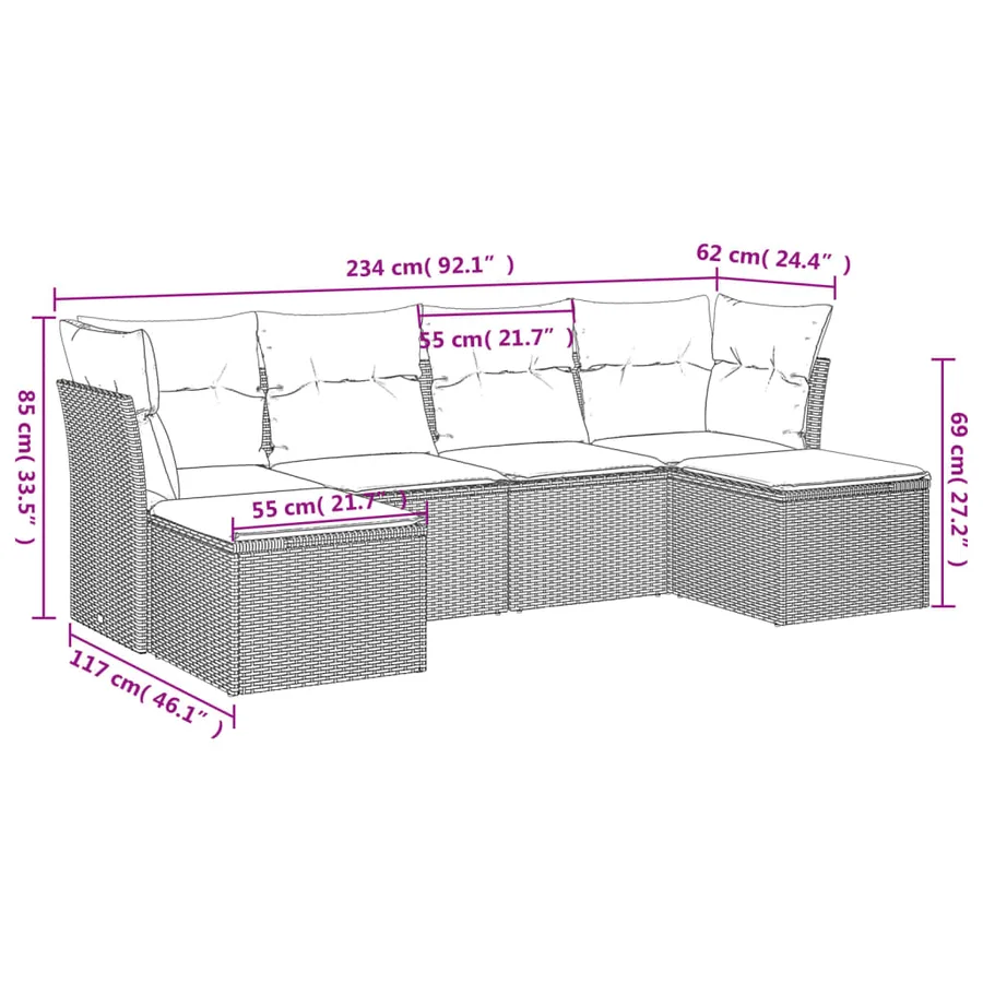 Salon de jardin 6 pcs avec coussins gris résine tressée - 3