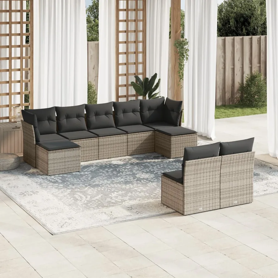 Salon de jardin 9 pcs avec coussins gris résine tressée